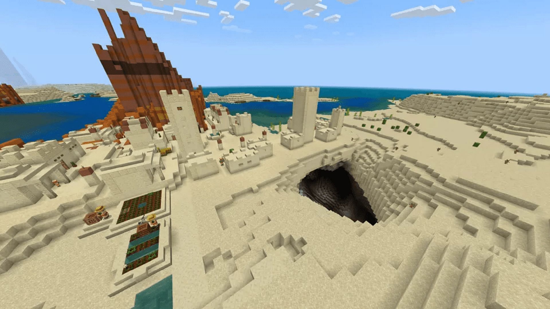 The spawn village of this seed rests right next to a cave system (Image via Mojang)