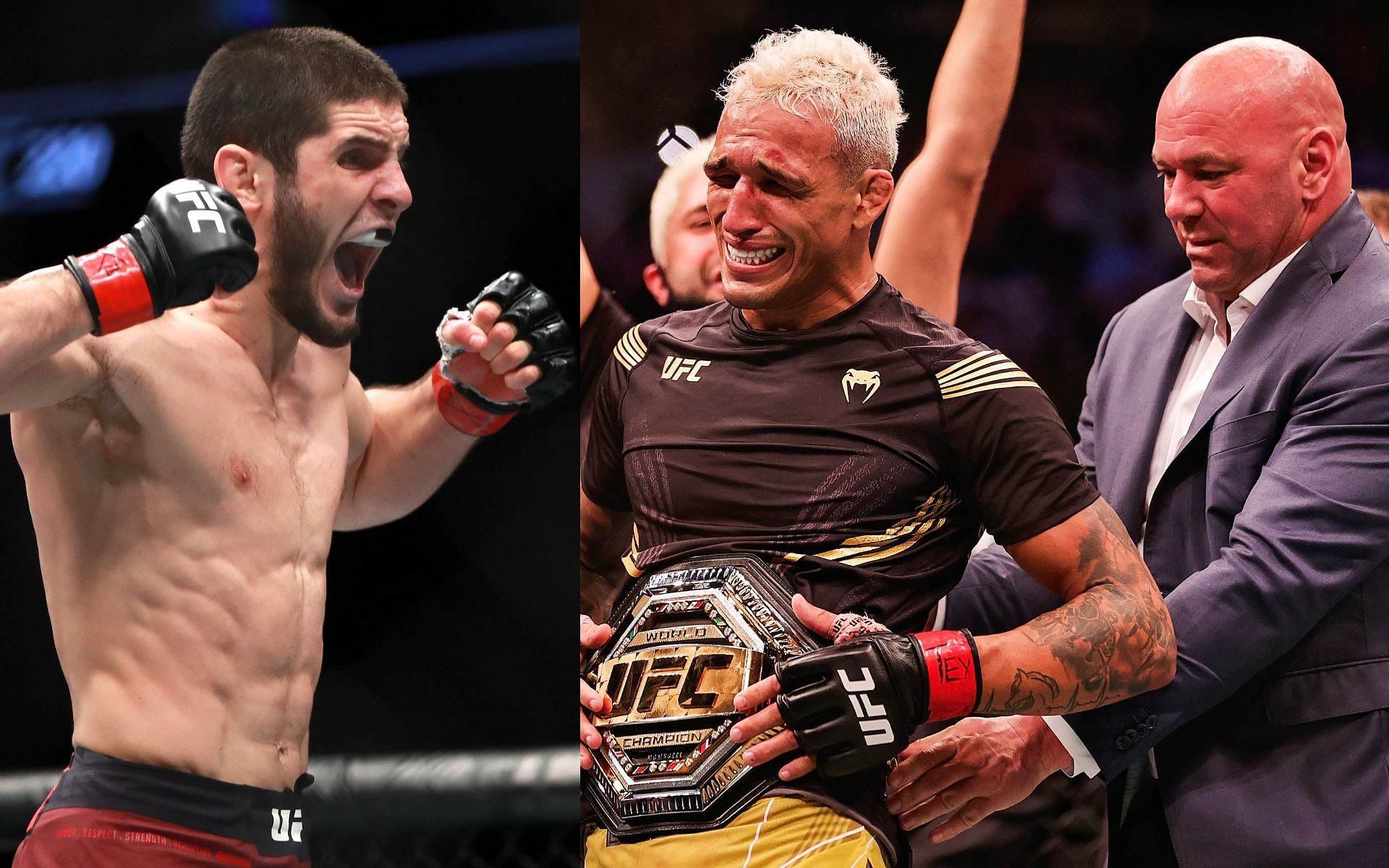 Islam Makhachev (left), and Charles Oliveira being crowned champion by Dana White (right).