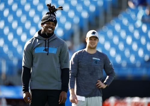 Newton and Darnold prior to the Tampa Bay Buccaneers v Carolina Panthers game