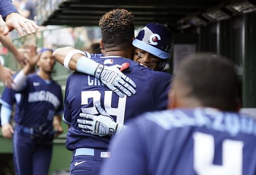 Chicago Cubs young superstar Christopher Morel celebrates in the dugout after a home run against the Boston Red Sox.