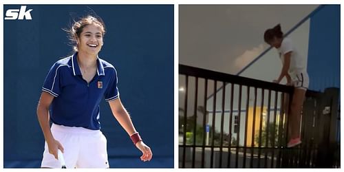 Emma Raducanu shows her gate-climbing skills during a training session at the IMG Academy in Florida