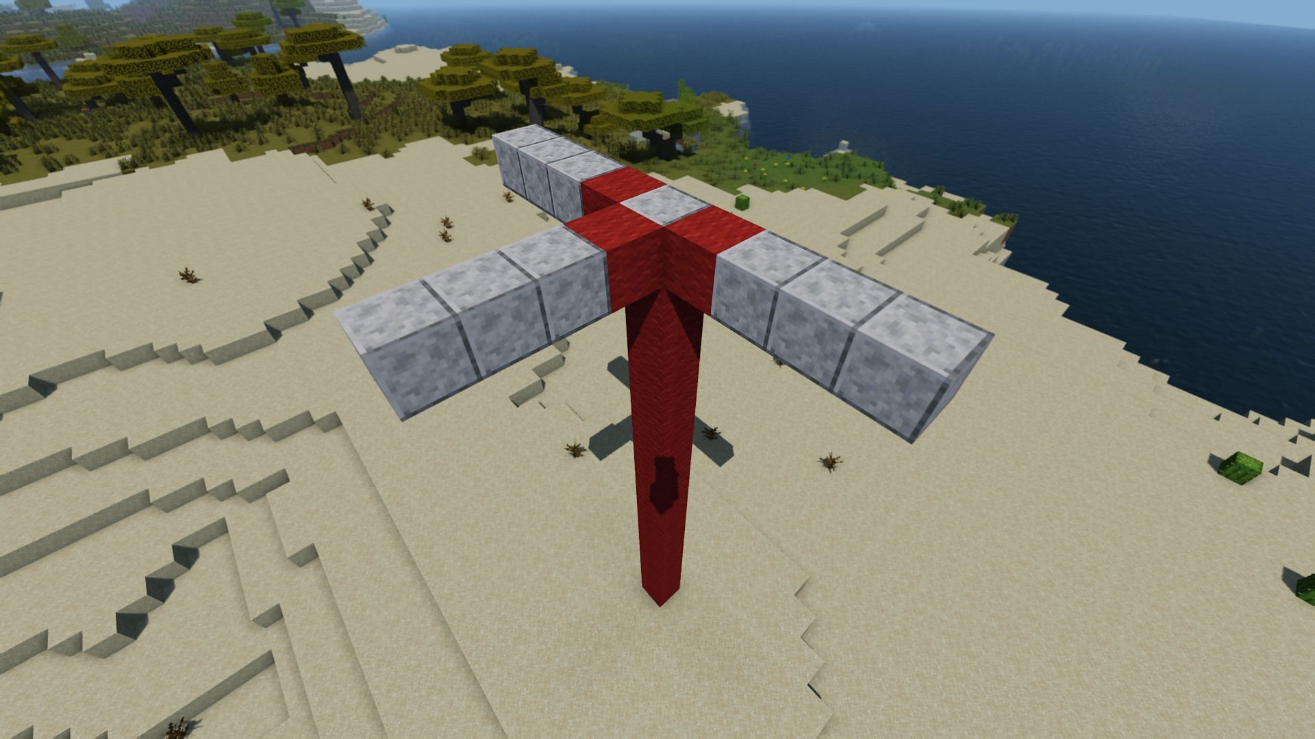 The foundation of the iron farm, built up in the air (Image via Minecraft)