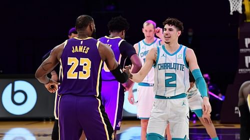 LeBron James of the LA Lakers and LaMelo Ball of the Charlotte Hornets in 2021