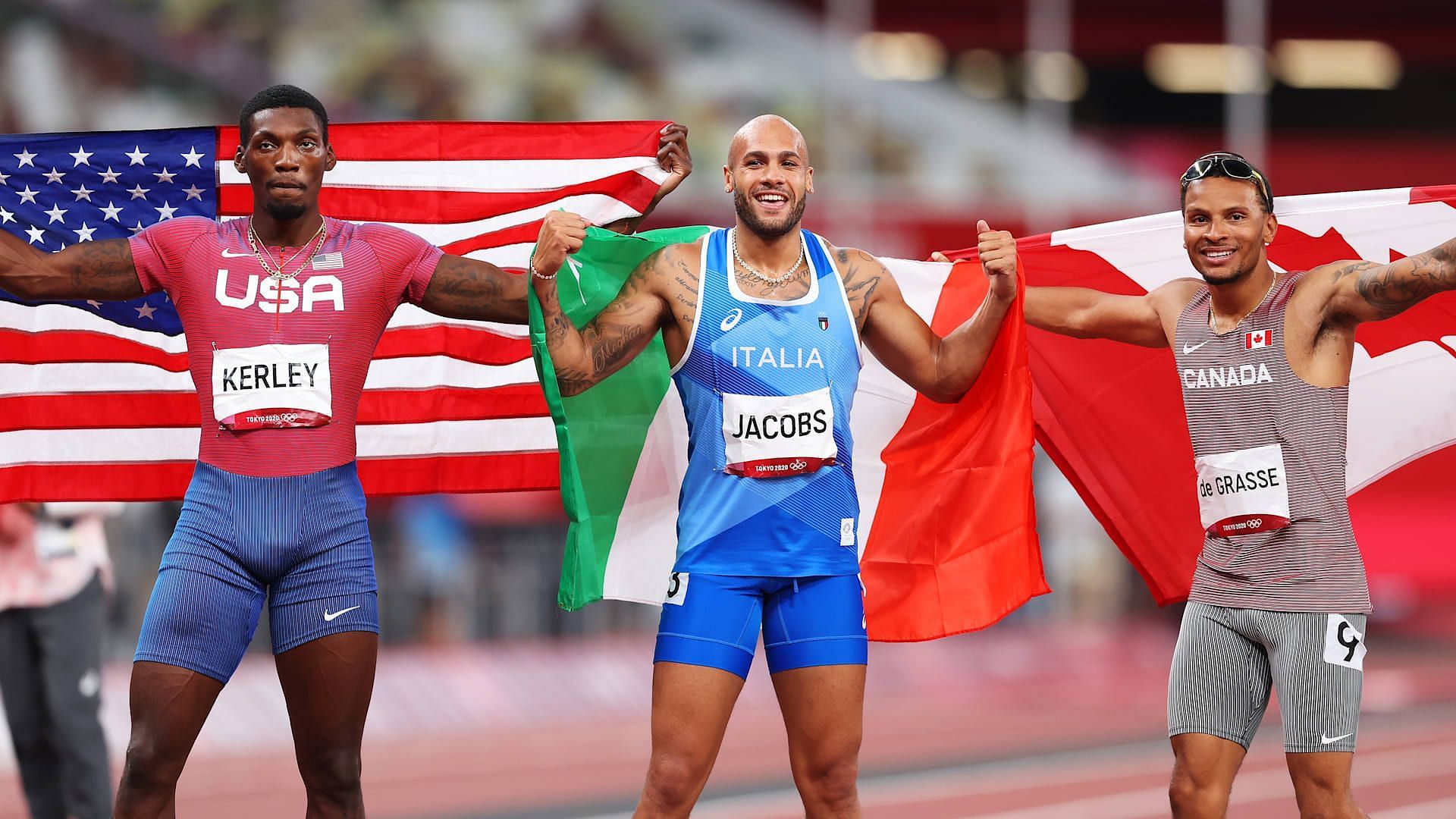 Fred Kerley, Lamont Marcell Jacobs, and Andre De Grasse (Image via Olympics)