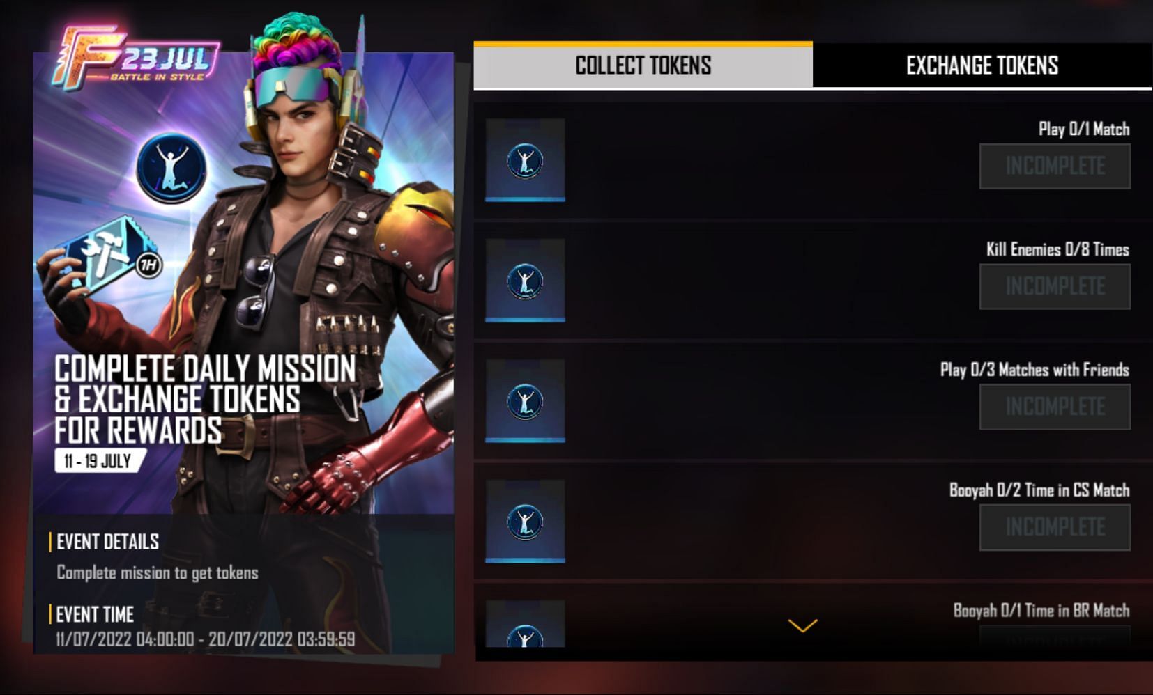 Missions to collect tokens (Image via Garena)