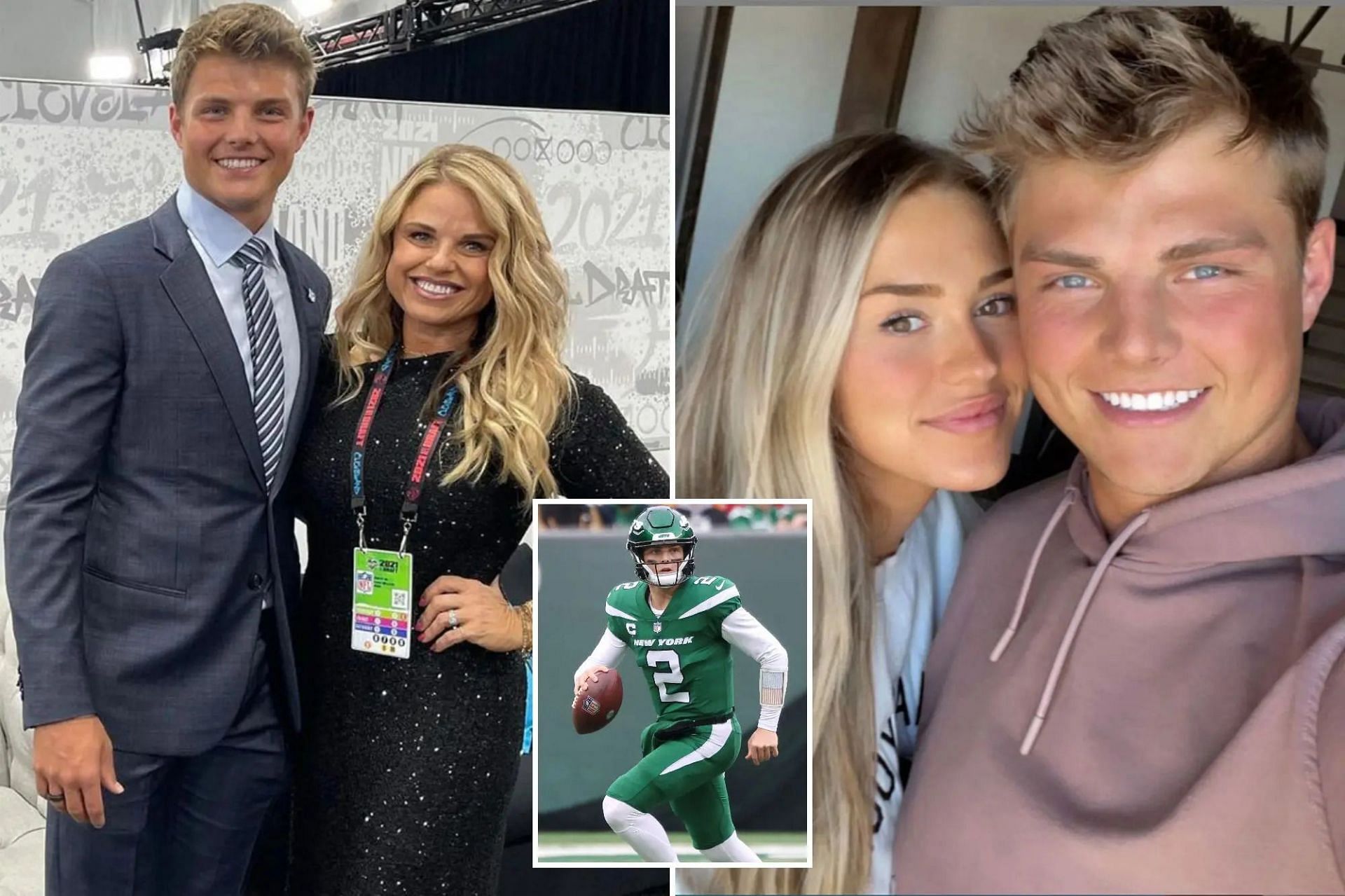 Jets QB Zach Wilson, his mom Lisa (l), and the QB with his ex-GF Abbey Gile (r). Source: New York Post