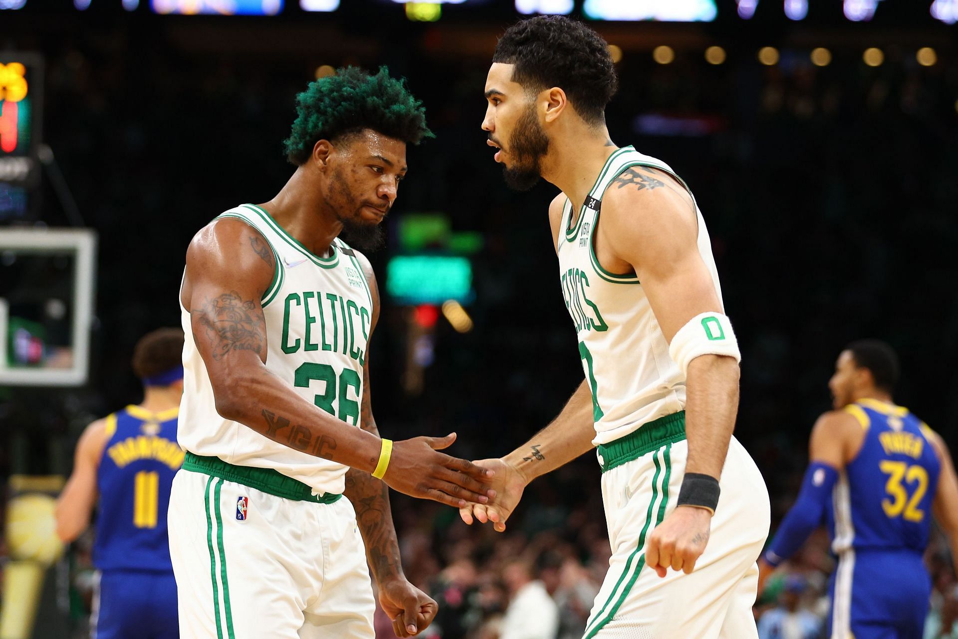 Marcus Smart and Jayson Tatum during the 2022 NBA Finals - Game Six