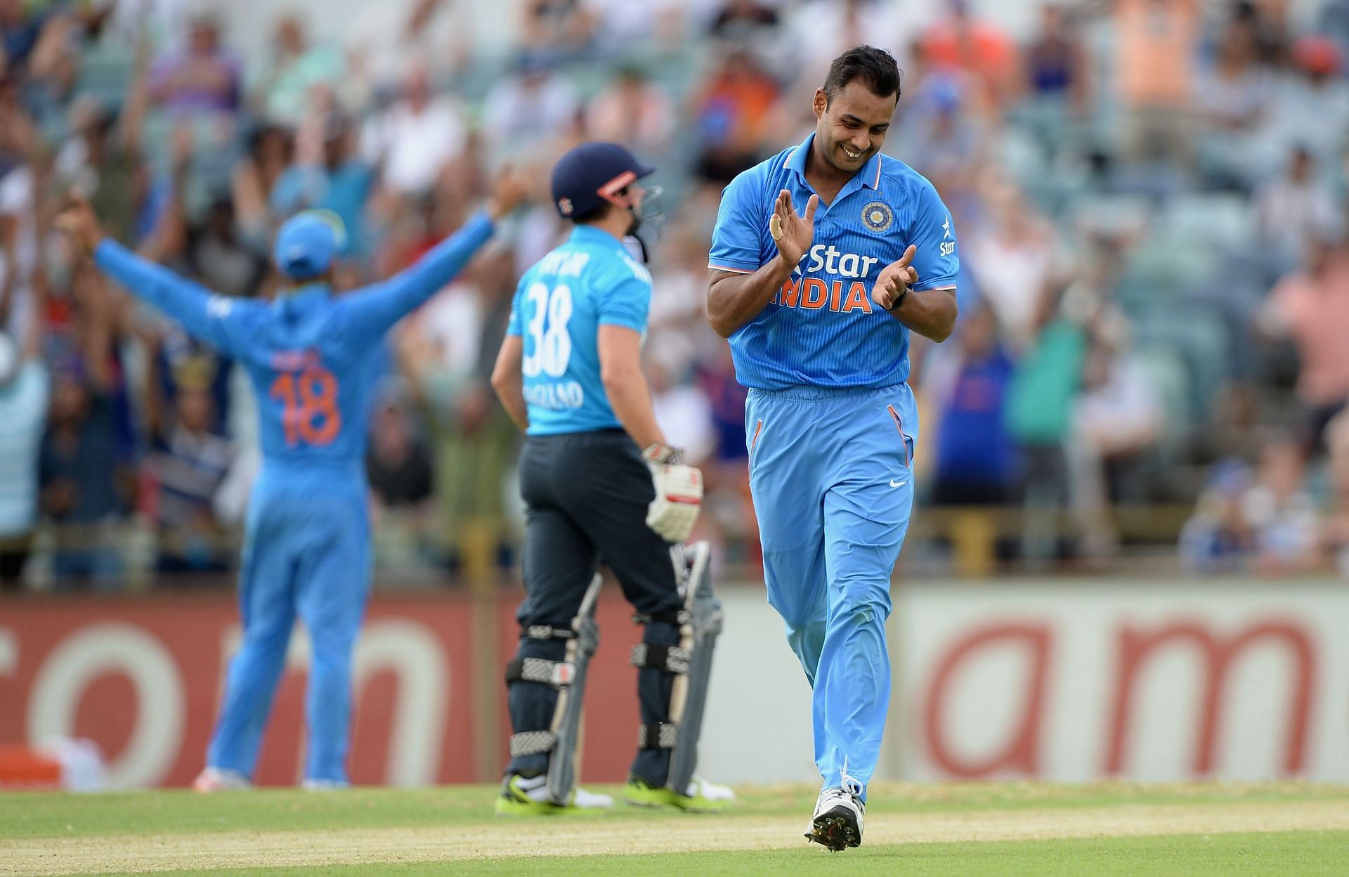 Stuart Binny celebrates a dismissal in a match against England. Pic: Getty Images