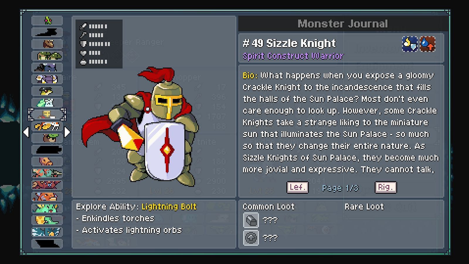 The Sizzle Knight&rsquo;s detailed sprite work in the game&rsquo;s Monster Journal (Image via moi rai Games)