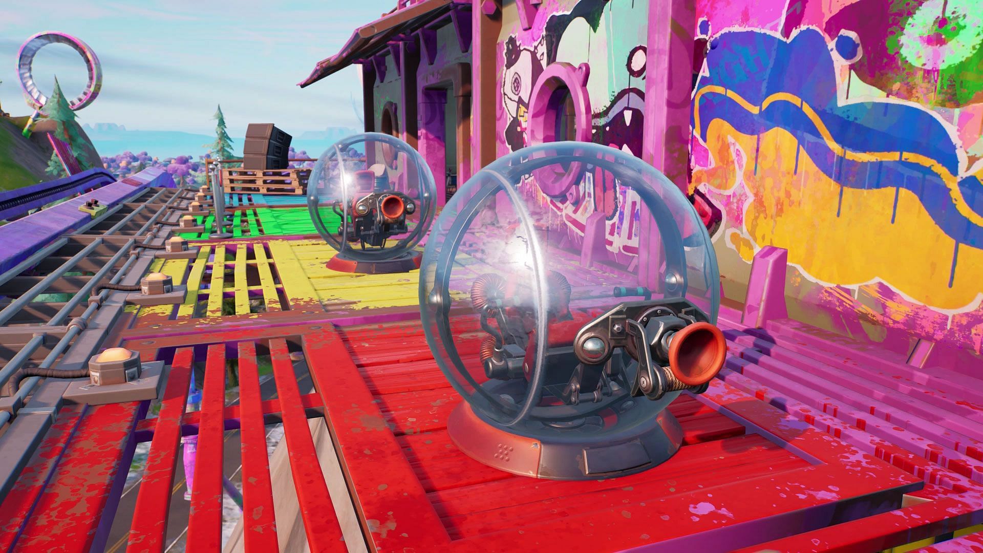 Easily Ball, swing across a zip-line, and jump off a geyser in Fortnite (Image via Epic Games)