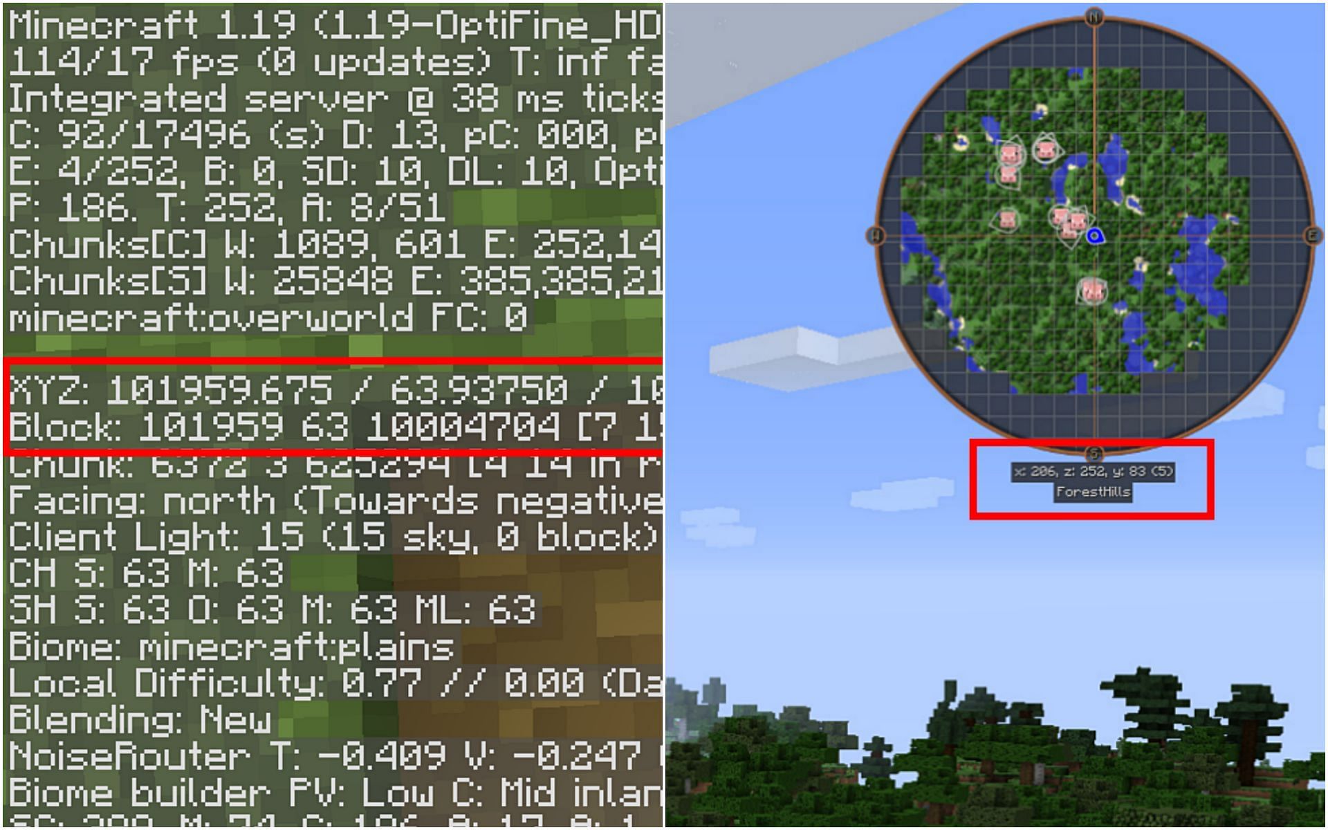 Different ways to see coordinates in Minecraft Java 1.19 update (Image via Mojang &amp; minecraft-installer.de)