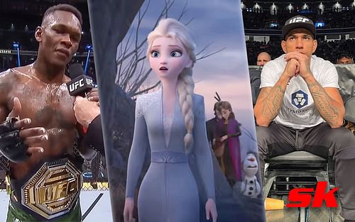 (L to R) Israel Adesanya (via @UFC on Youtube), Elsa (via @Walt Disney Animation Studios on YouTube), Alex Pereira (via @ufc on Instagram)