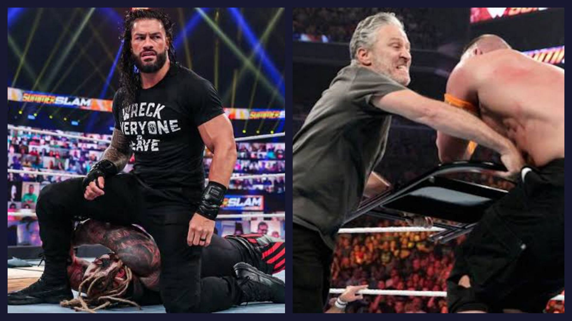Roman Reigns standing tall over The Fiend (L); Jon Stewart attacking John Cena (R).