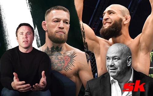 (L-R) Chael Sonnen, Conor McGregor, Khamzat Chimaev, Dana White [Left image via Chael Sonnen on YouTube]