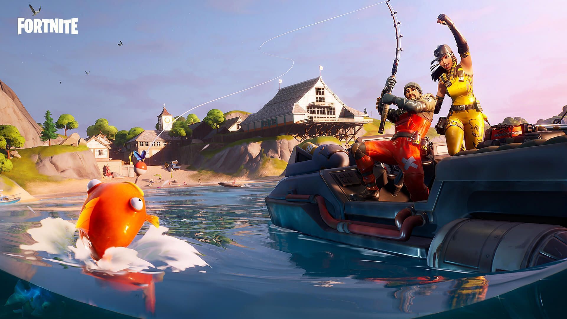Players can either use Harpoon gun or a fishing rod to fish in Fortnite. (Image via Epic Games)