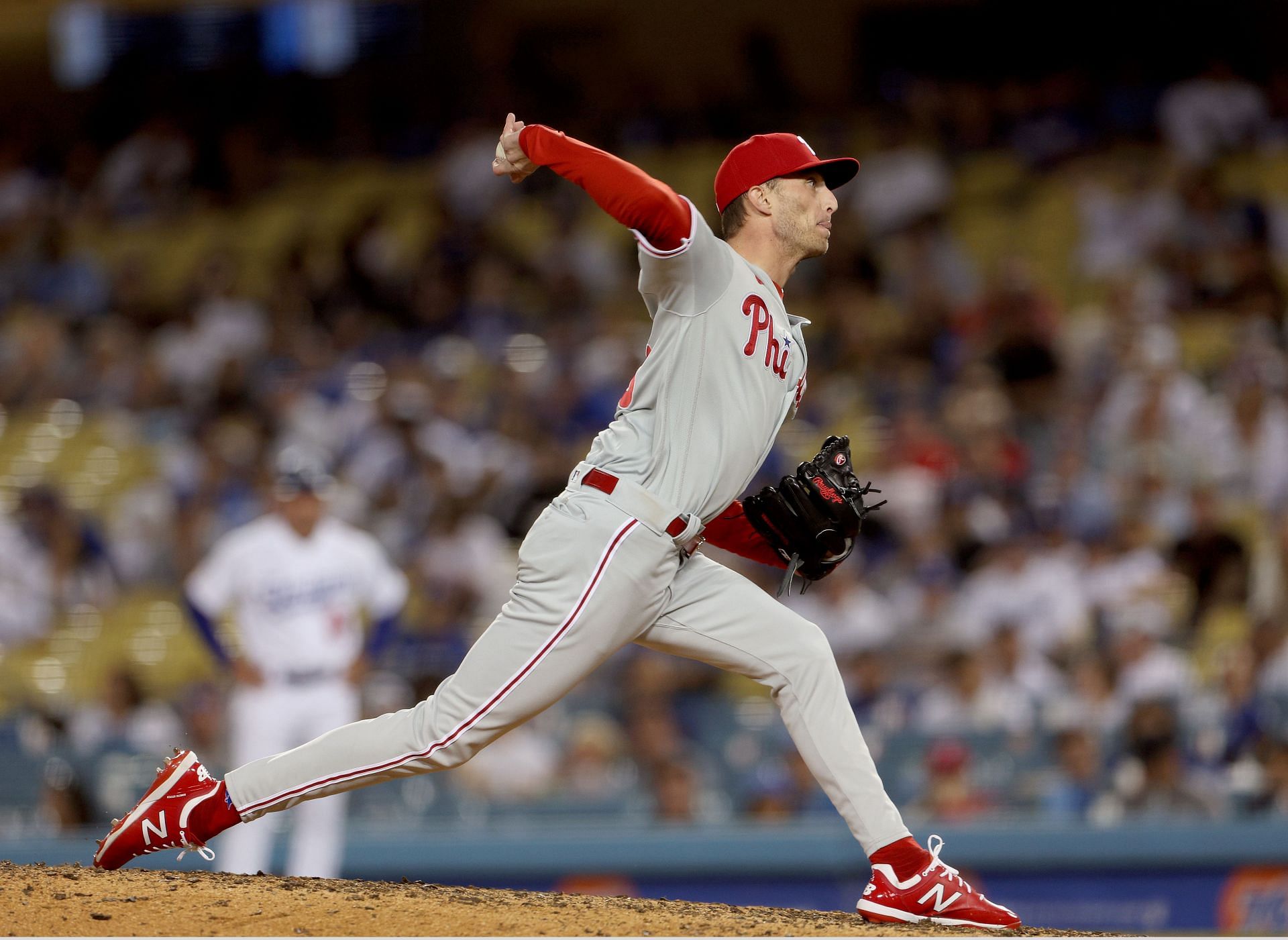 Connor Brogdon pitches during a Philadelphia Phillies v Los Angeles Dodgers game at Dodger Stadium.