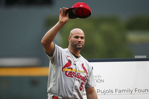 Albert Pujols of the St. Louis Cardinals is honored before the game against the Atlanta Braves