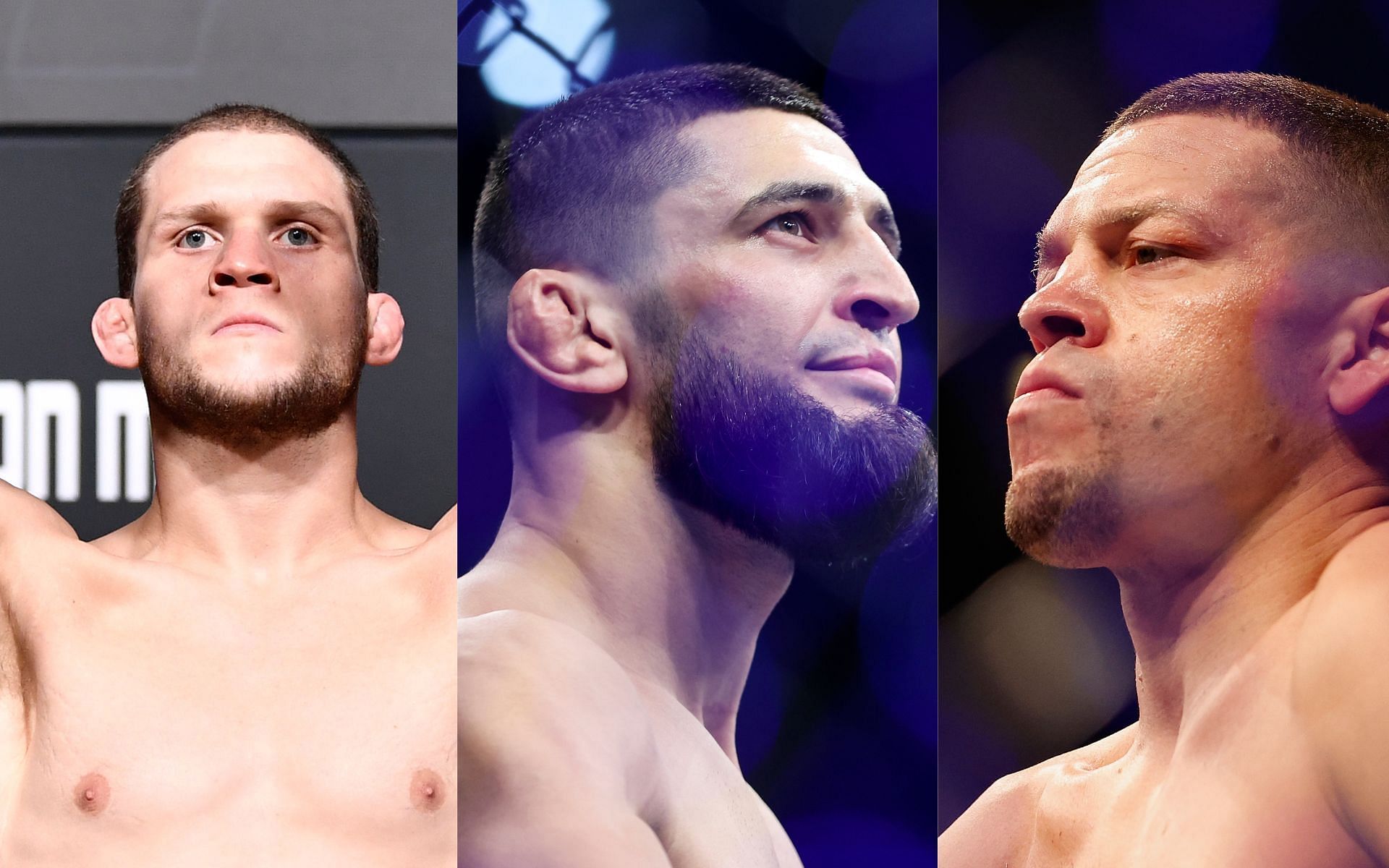 Alex Morono (left) believes Khamzat Chimaev&#039;s (center) fight with Nate Diaz (right) at UFC 279 is a &quot;strange&quot; one