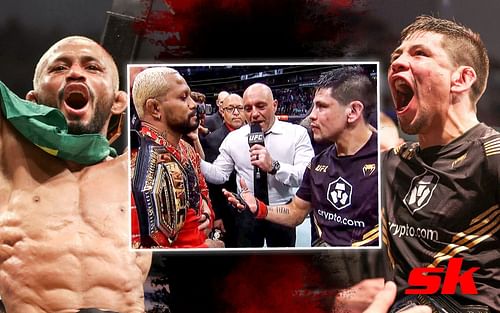 Brandon Moreno and Deiveson Figueiredo engage in a face-off [Photo credit: UFC on YouTube]