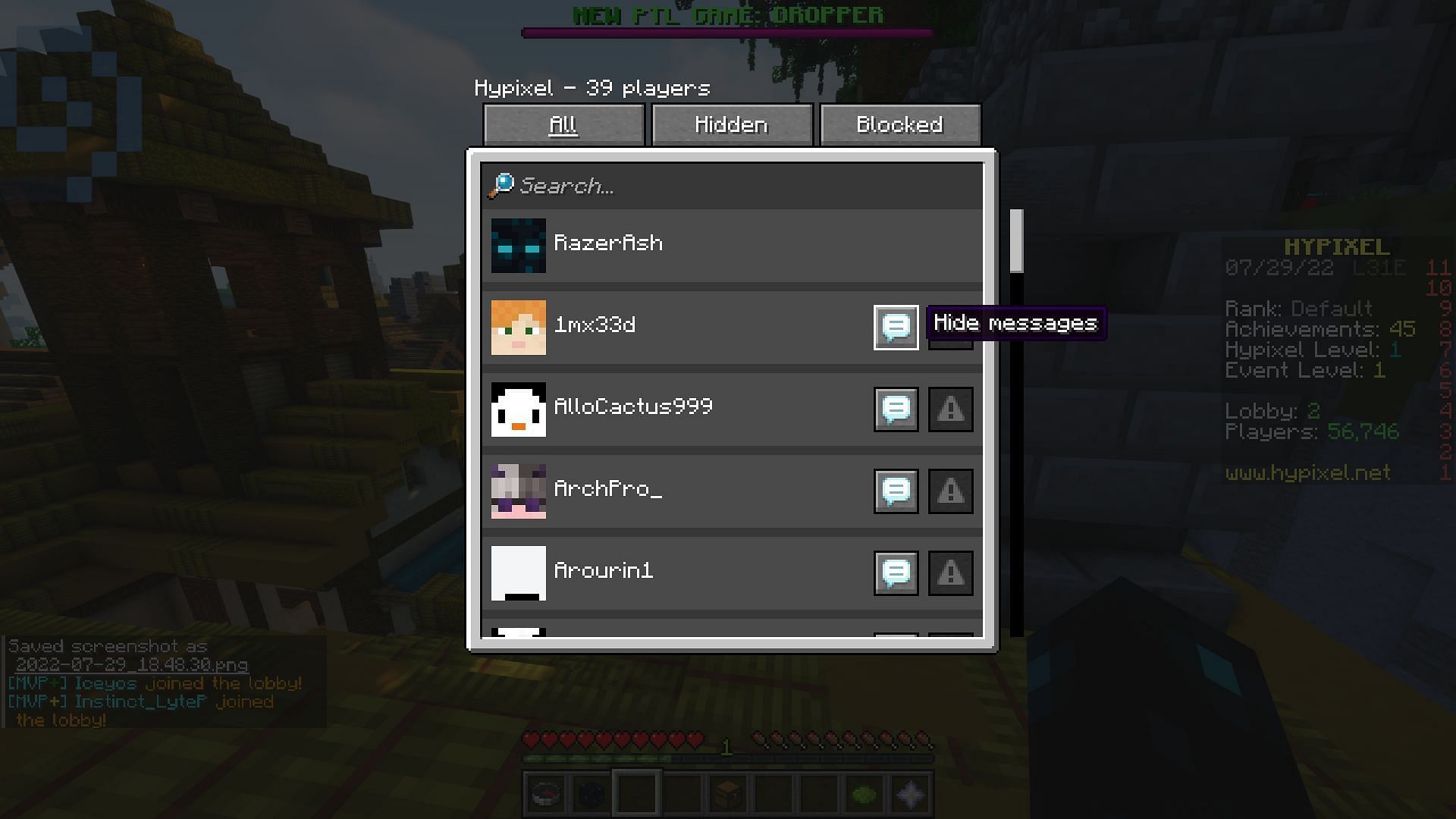 Social interactions page where users can hide other players&#039; messages (Image via Minecraft 1.19.1 update)