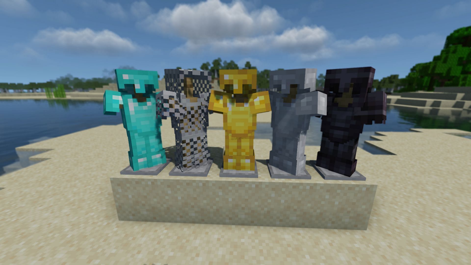 Some of the game&#039;s armor sets on armor stands (Image via Minecraft)