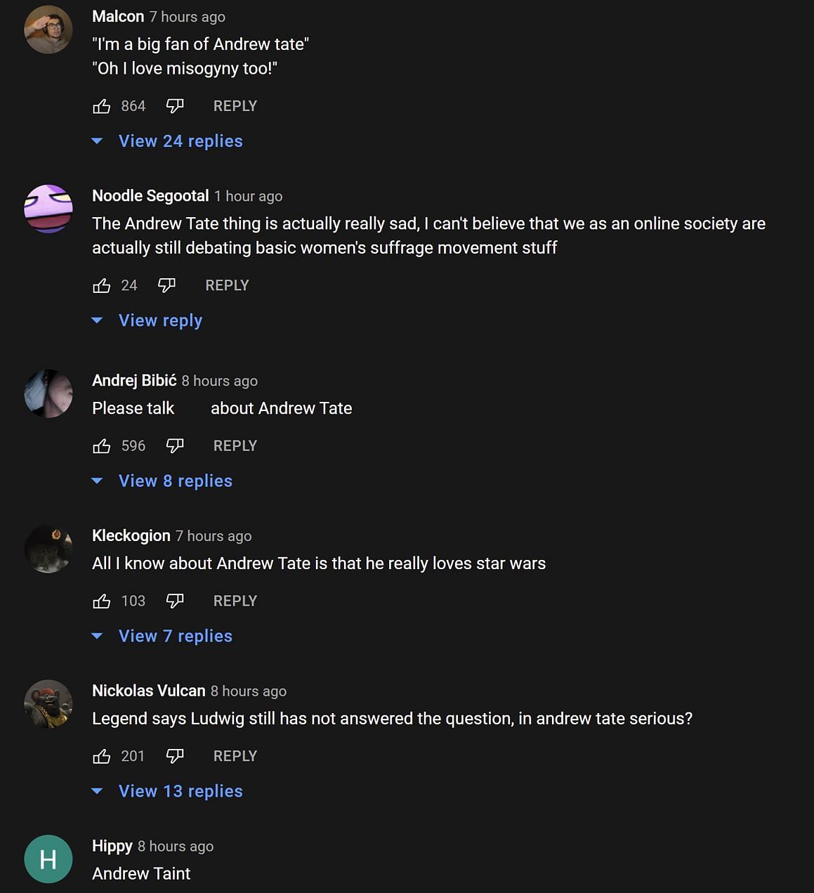 Fans in the YouTube comment section react to the streamer calling out Andrew Tate fans 1/2 (Image via Ludwin Clips/YouTube)