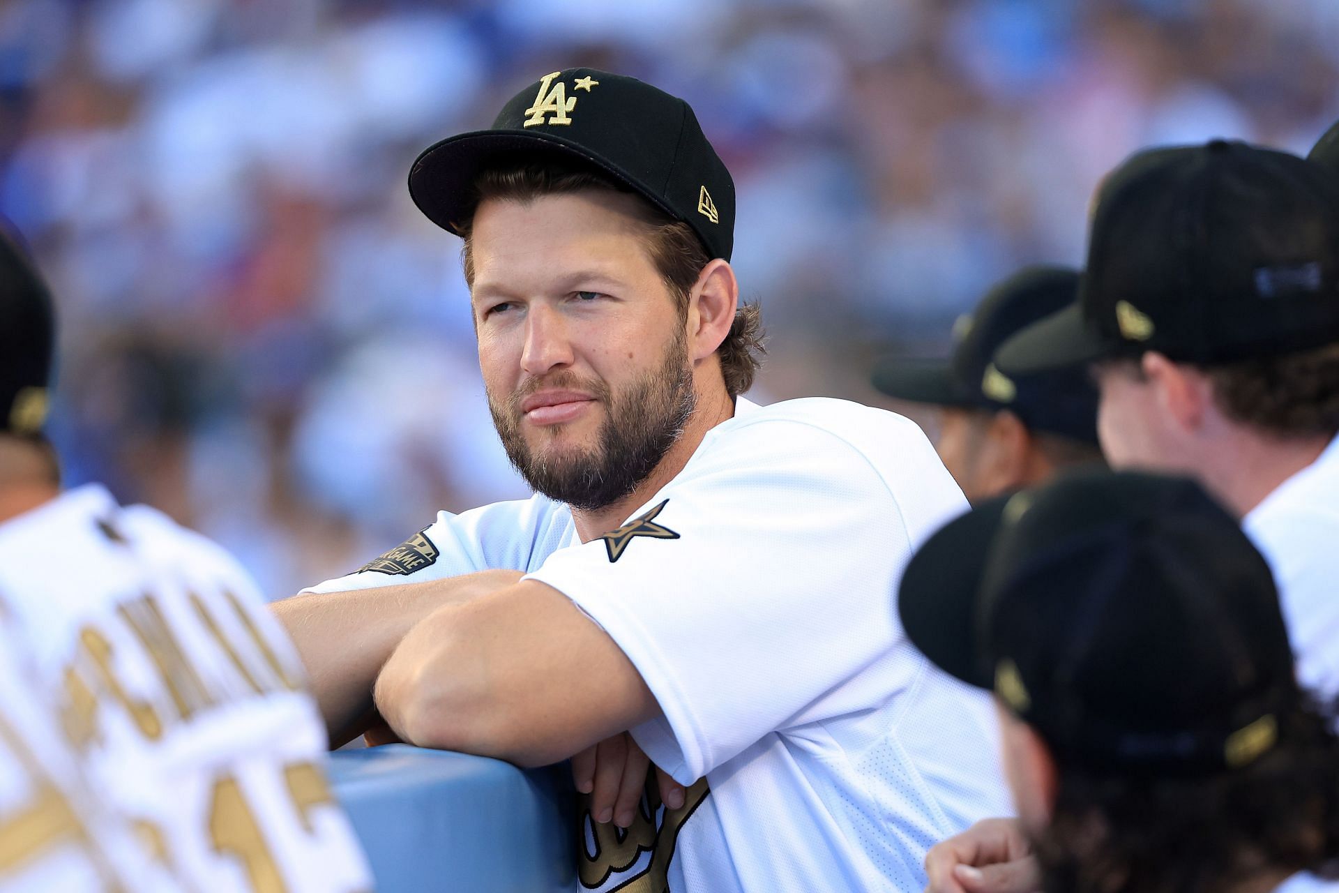 Clayton Kershaw watches from the dugout during the 92nd MLB All-Star Game presented by Mastercard.