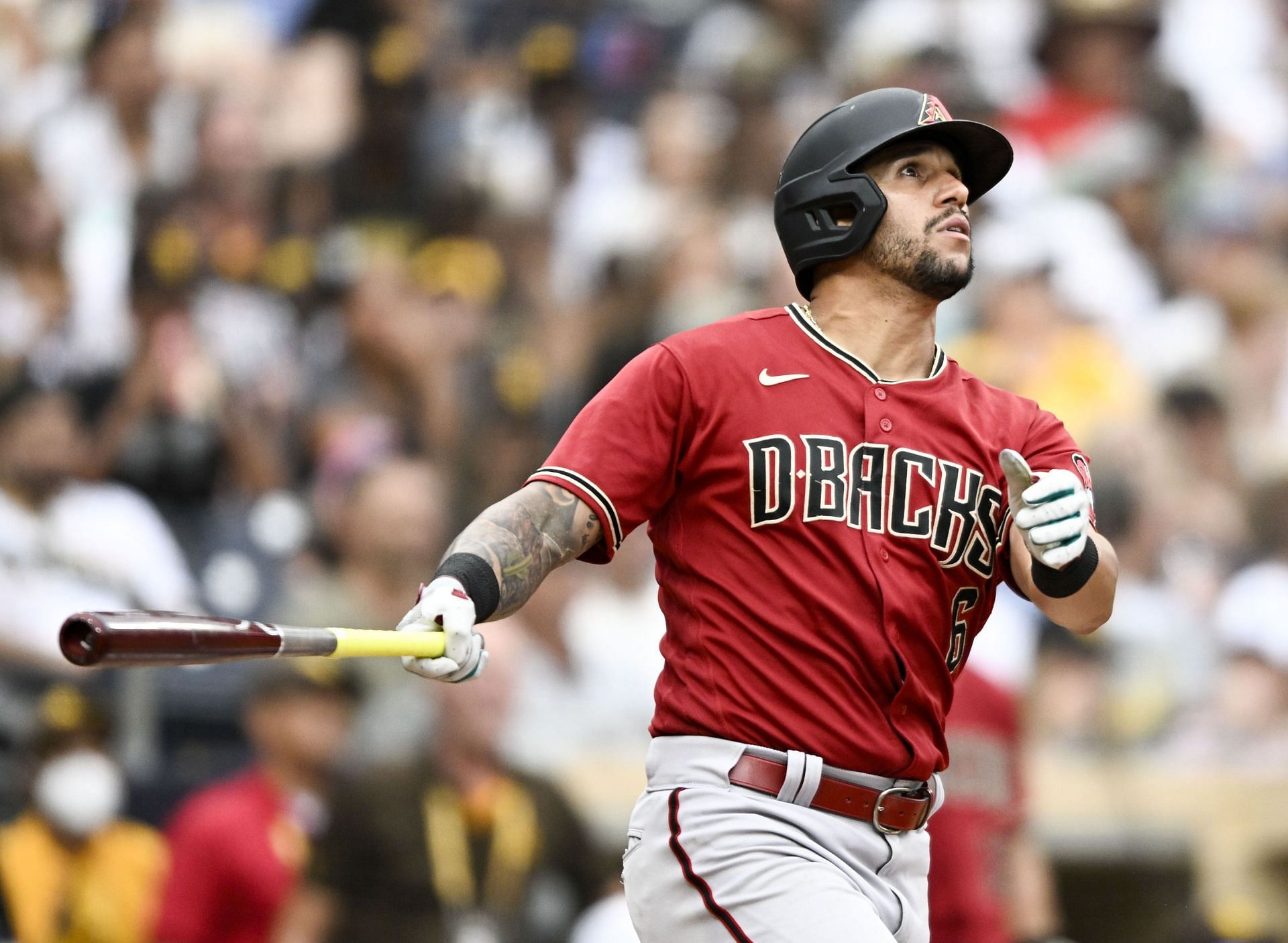 David Peralta looks on as he hits a home run down the right field line during a Arizona Diamondbacks v San Diego Padres game this season.