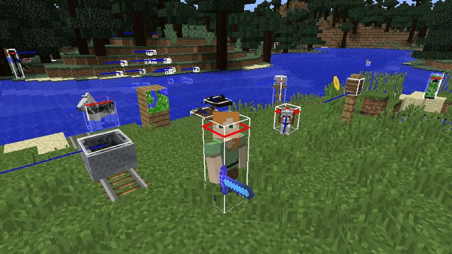 Various entities and their hitboxes in Minecraft (Image via Mojang)