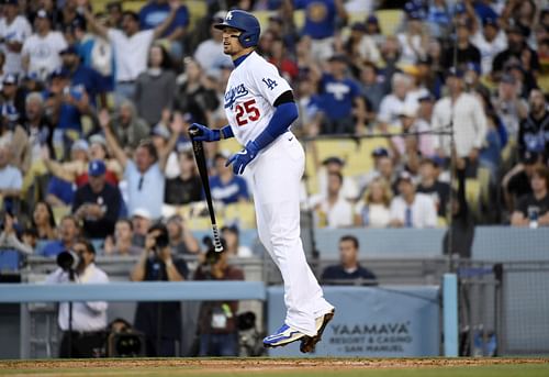 Trayce Thompson reacts to his three-run home run, Colorado Rockies v Los Angeles Dodgers.