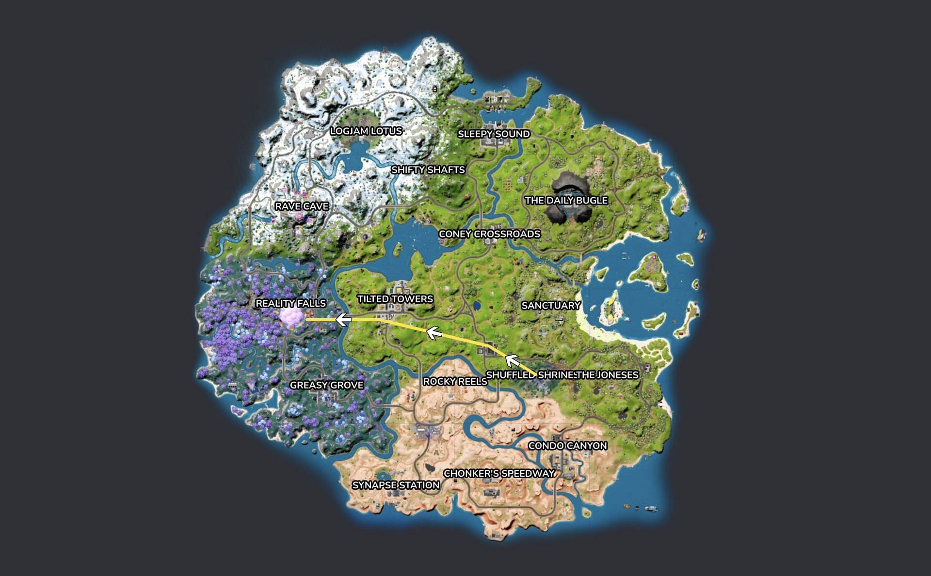 The most efficient route for the challenge (Image via Fortnite.GG)