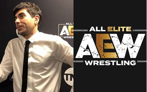 CEO Tony Khan (left) and AEW logo (right).