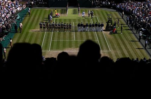 A general view of Centre Court during preentation for the Ladies' Singles Final on day thirteen of Wimbledon 2022.