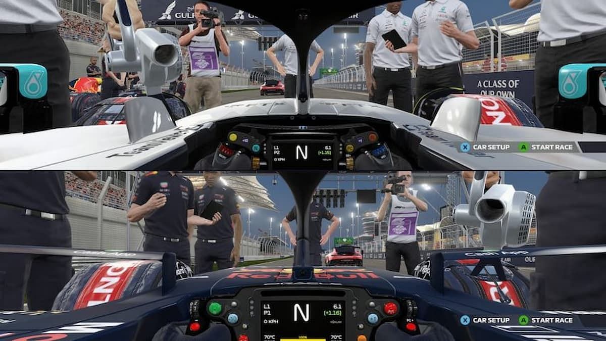A look at a split-screen race beginning in F1 22 (Image via Codemasters)