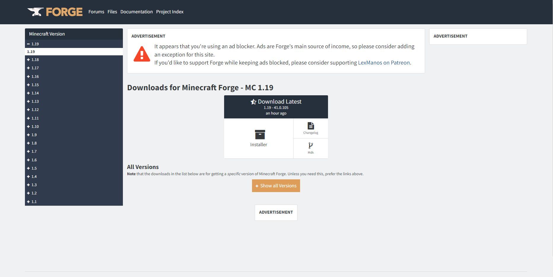 The Forge website and the 1.19 download (Image via MinecraftForge.net)