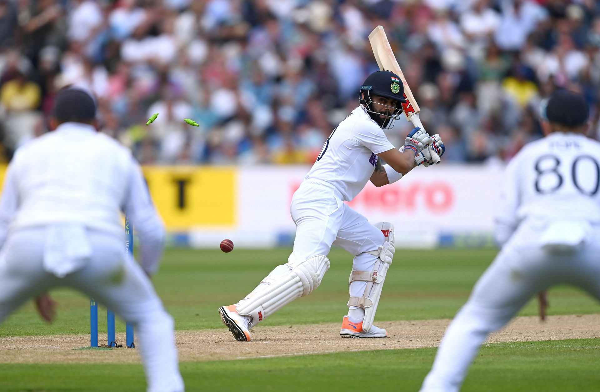 Virat Kohli is bowled by Matthew Potts. Pic: Getty Images