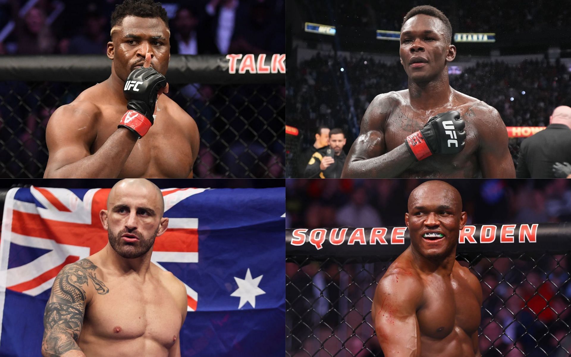 Francis Ngannou (top left), Israel Adesanya (top right), Alexander Volkanovski (bottom left), and Kamaru Usman (bottom right) [Pictures courtesy Gettyimages]