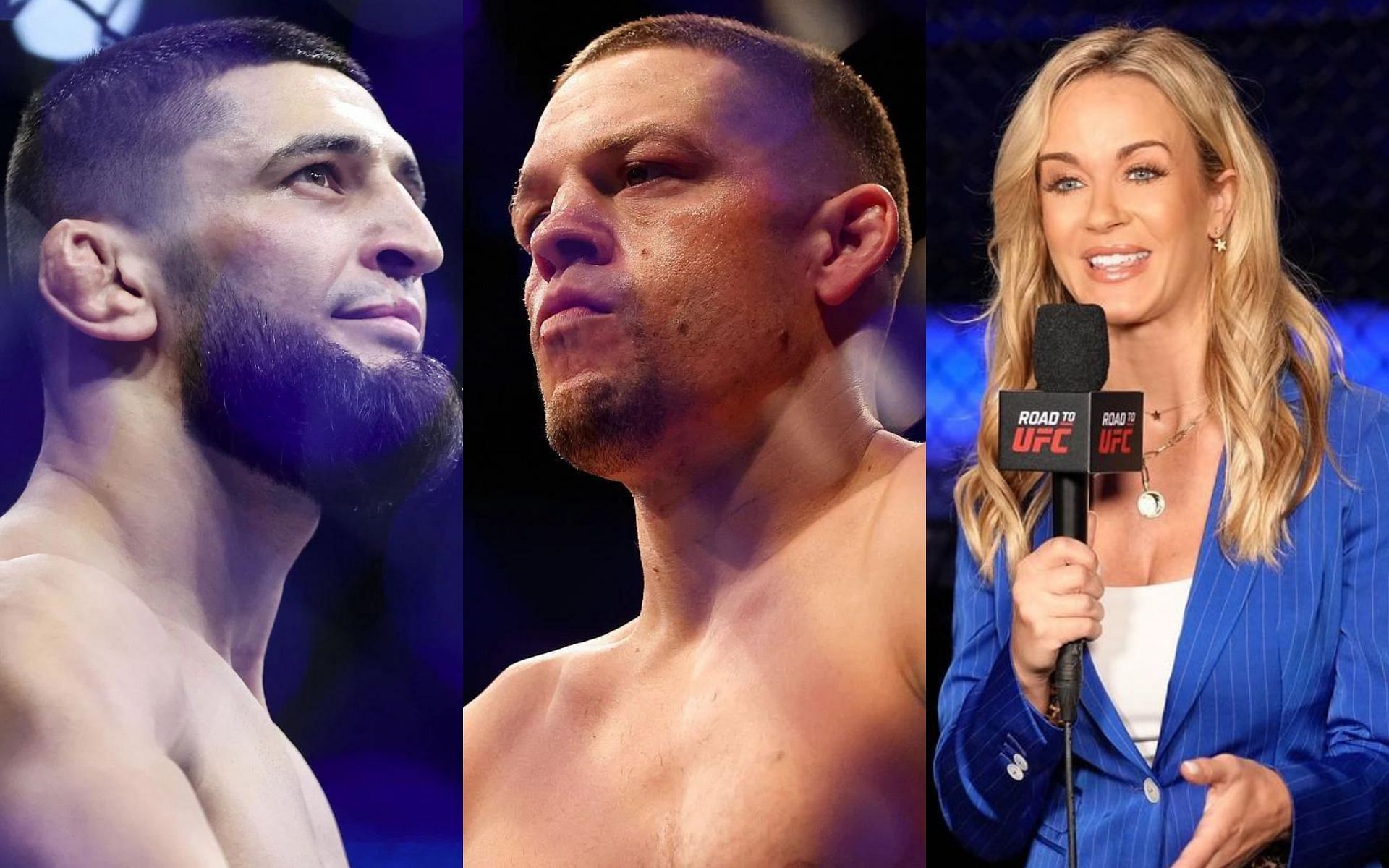 L-R: Khamzat Chimaev, Nate Diaz, and Laura Sanko [Photo credit: @laura_sanko on Instagram]