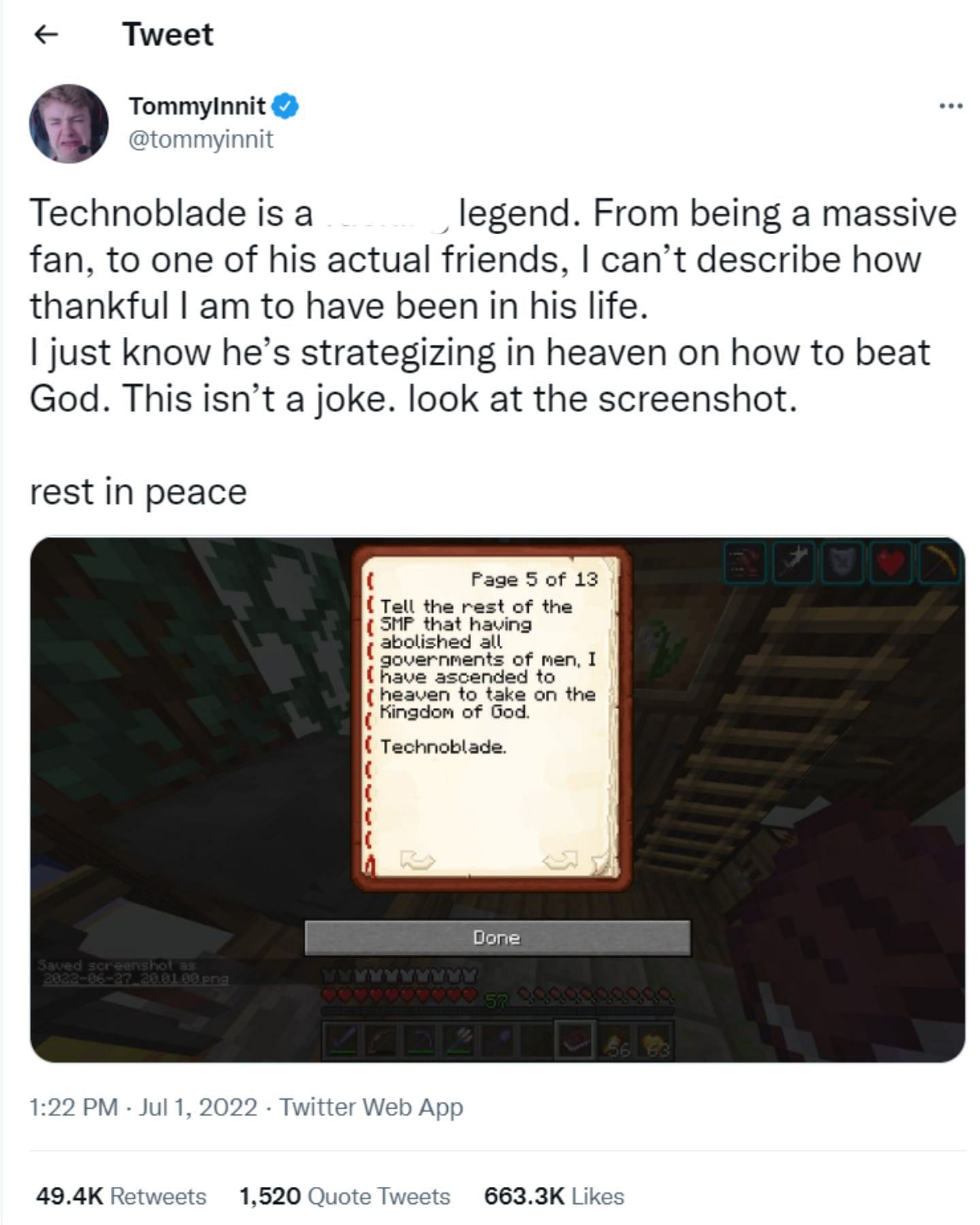 Technoblade isn't dead. He is now immortal, like a true legend. He