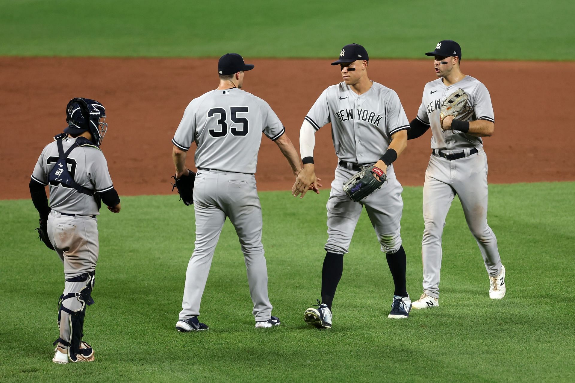 Yankees celebrate a victory over the Baltimore Orioles.
