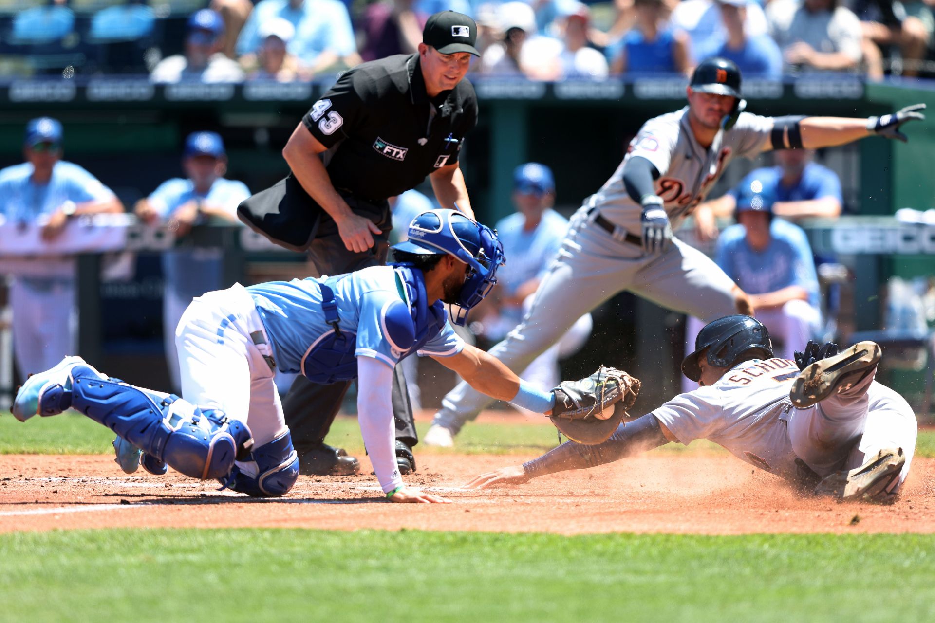 Jonathan Schoop is tagged out by catcher MJ Melendez during today&#039;s Detroit Tigers v Kansas City Royals game.