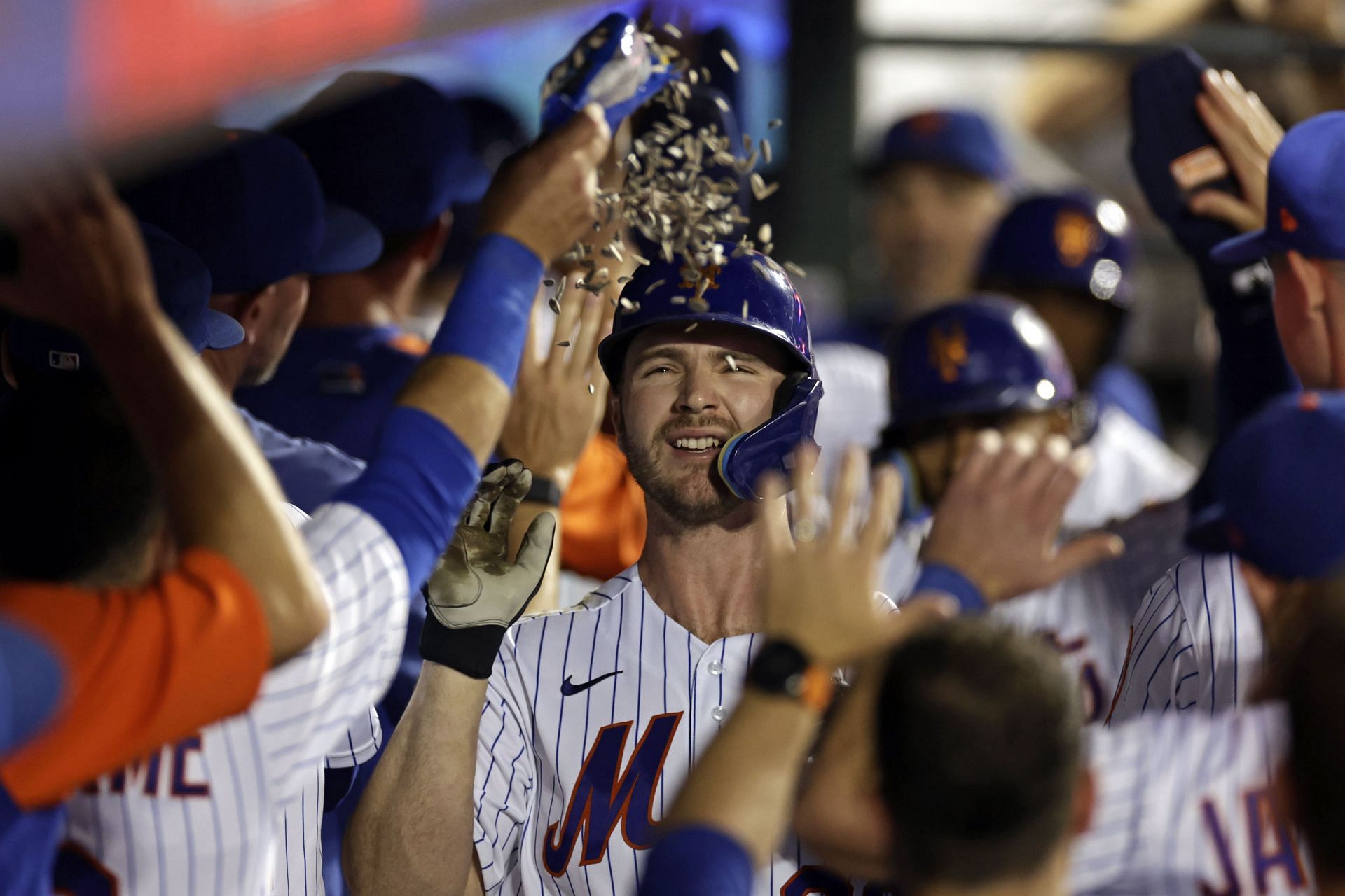 Pete Alonso of the New York Mets celebrates his three-run home run in the sixth inning against the San Diego Padres at Citi Field.