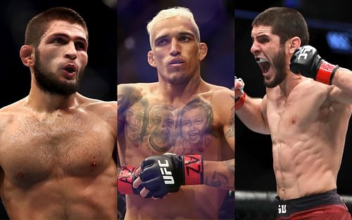 (L-R) Khabib Nurmagomedov, Charles Oliveira, Islam Makhachev