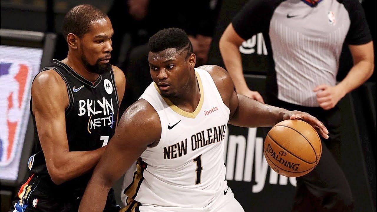Kevin Durant of the Brooklyn Nets guarding Zion Williamson of the New Orleans Pelicans