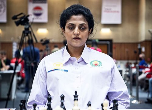 D Harika in action during the third round match of the Chess Olympiad in Chennai on Sunday. (Pic credit: FIDE/Lennart Ootes & Stev Bonhage)