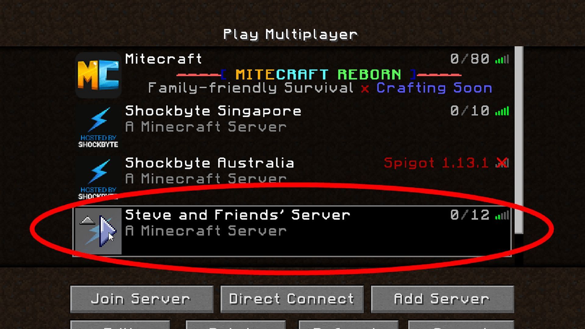 Minecraft&#039;s multiplayer server browser (Image via Mojang)