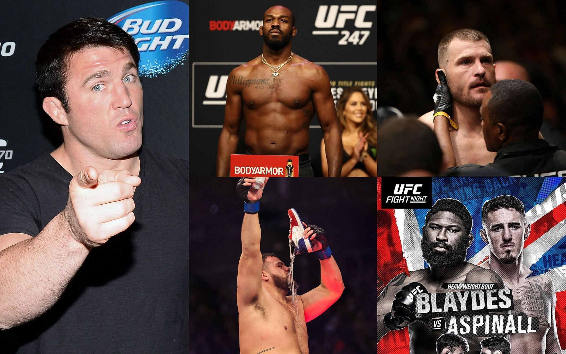 Chael Sonnen (left), Jon Jones (top center), Tai Tuivasa (bottom center), Stipe Miocic (top right), Curtis Blaydes vs. Tom Aspinall poster (bottom right) [Images courtesy of Getty and @tomaspinallofficial Instagram]