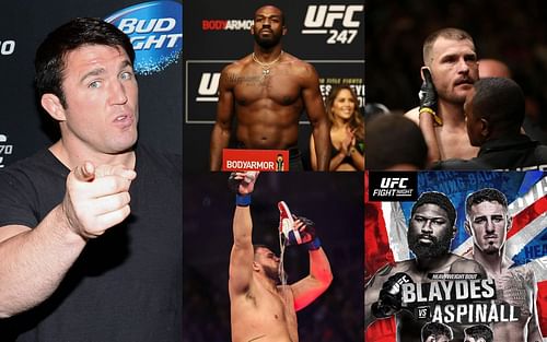 Chael Sonnen (left), Jon Jones (top center), Tai Tuivasa (bottom center), Stipe Miocic (top right), Curtis Blaydes vs. Tom Aspinall poster (bottom right) [Images courtesy of Getty and @tomaspinallofficial Instagram]