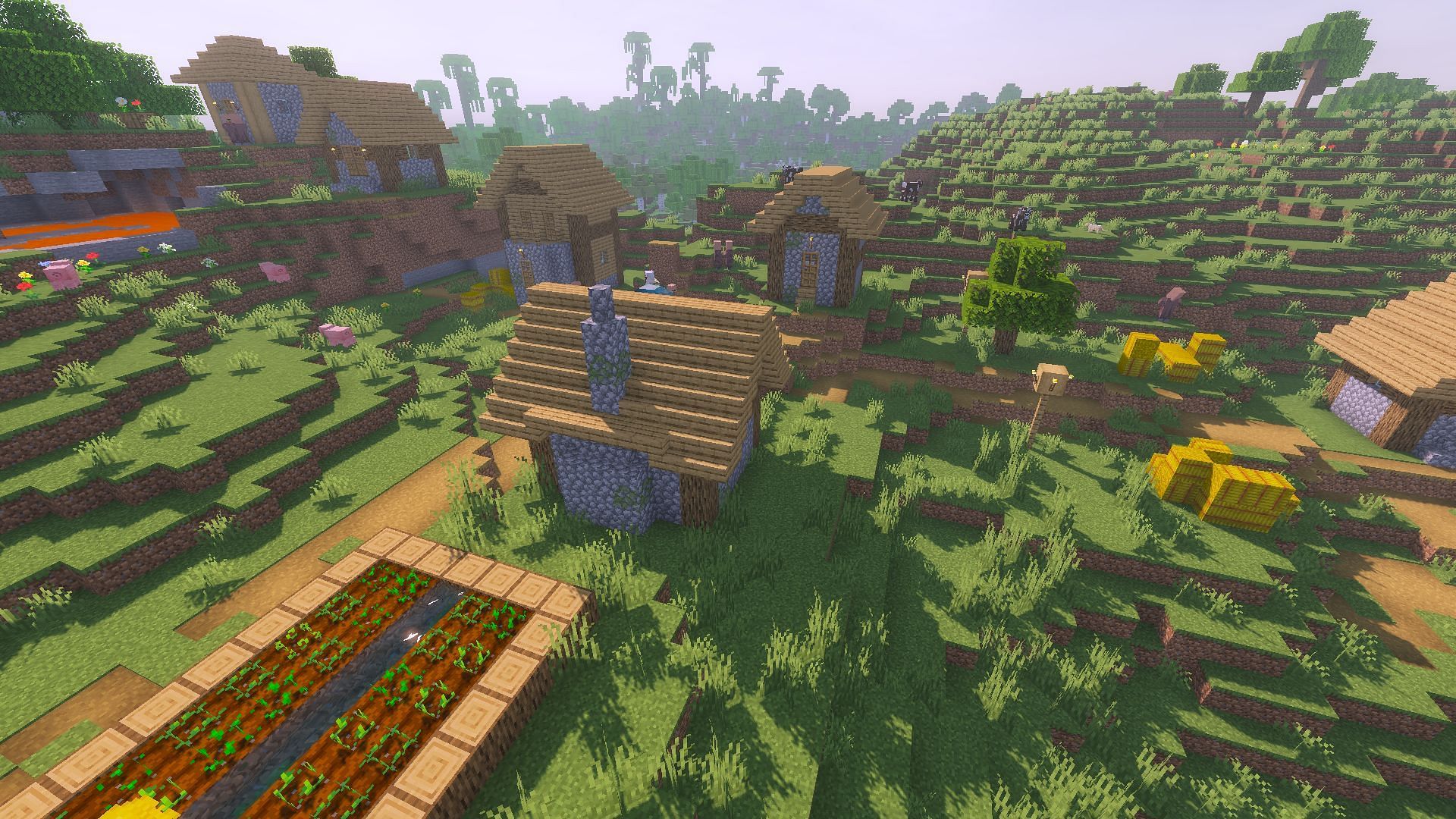 The plains village using the KUDA shaders (Image via Minecraft)