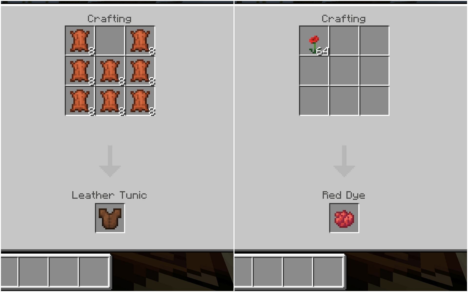 Crafting recipes for leather armor parts and dyes (Image via Minecraft Pocket 1.19 update)
